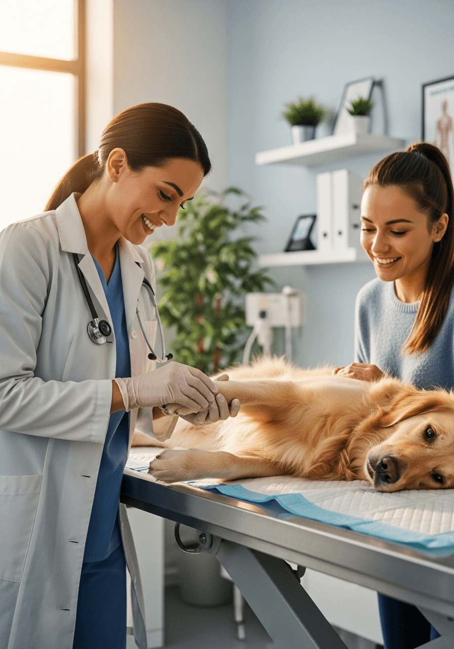Veterinarian with a golden retriever